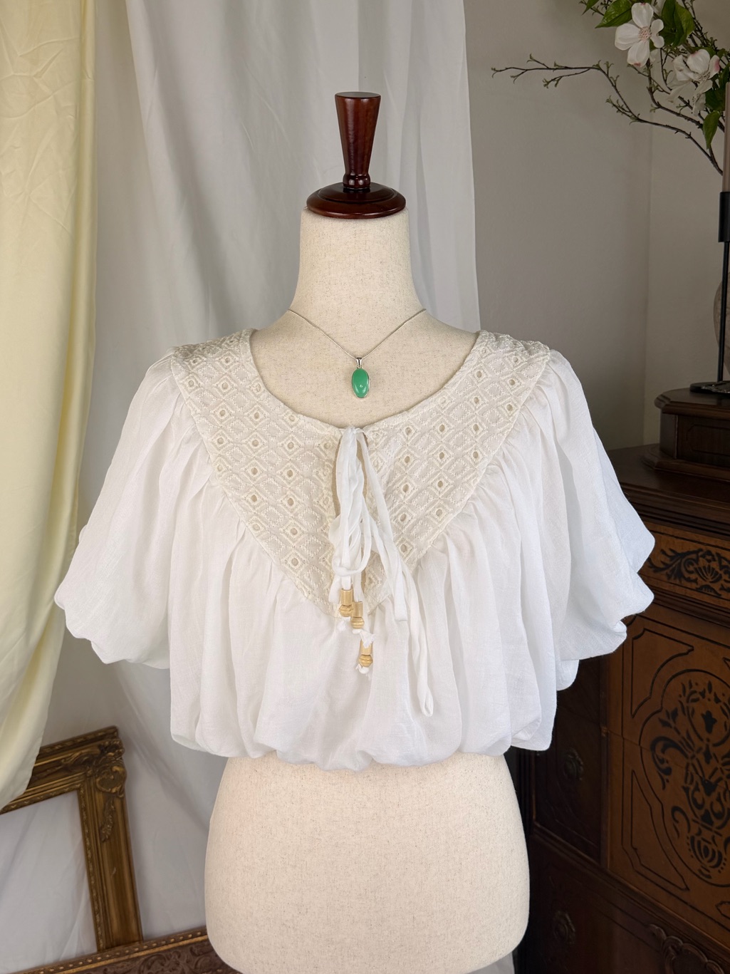 Puffy Sleeves Airy Bohemian White Embroidered Peasant Fairy Crop Top Cottagecore
